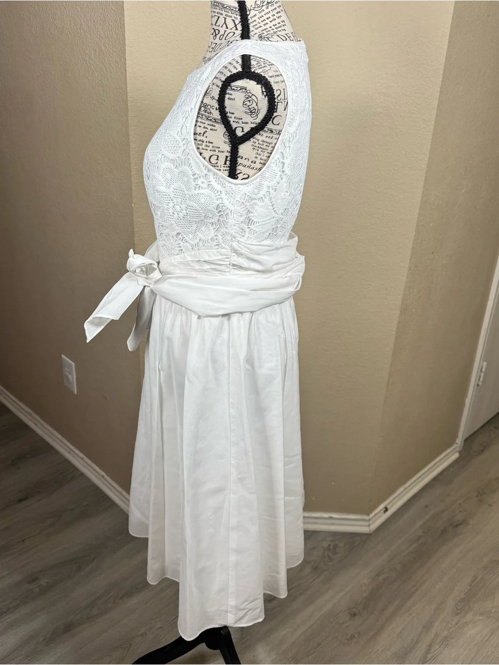 Adrianna Papell White Lace Bodice Midi Dress with Waist Tie - Picture 2 of 9